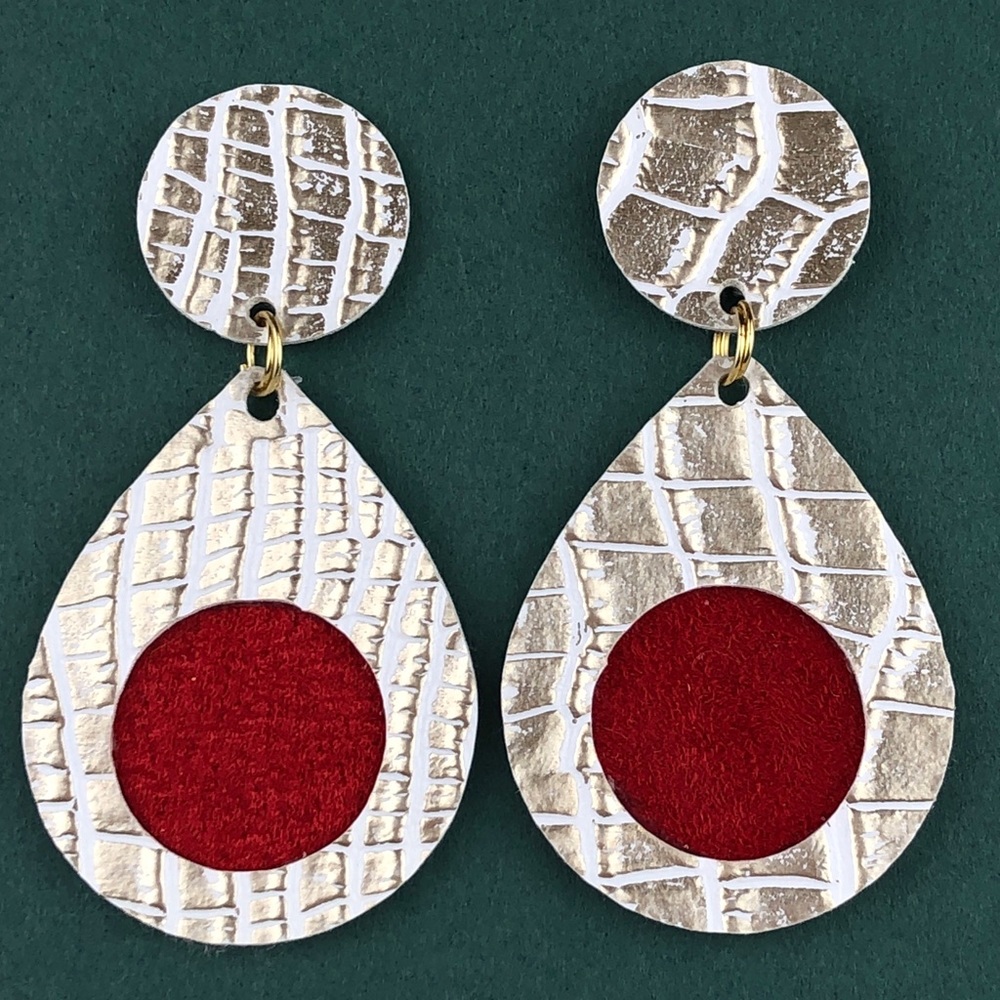 Earrings, Metallic/White/Red, NWT Faux Leather
